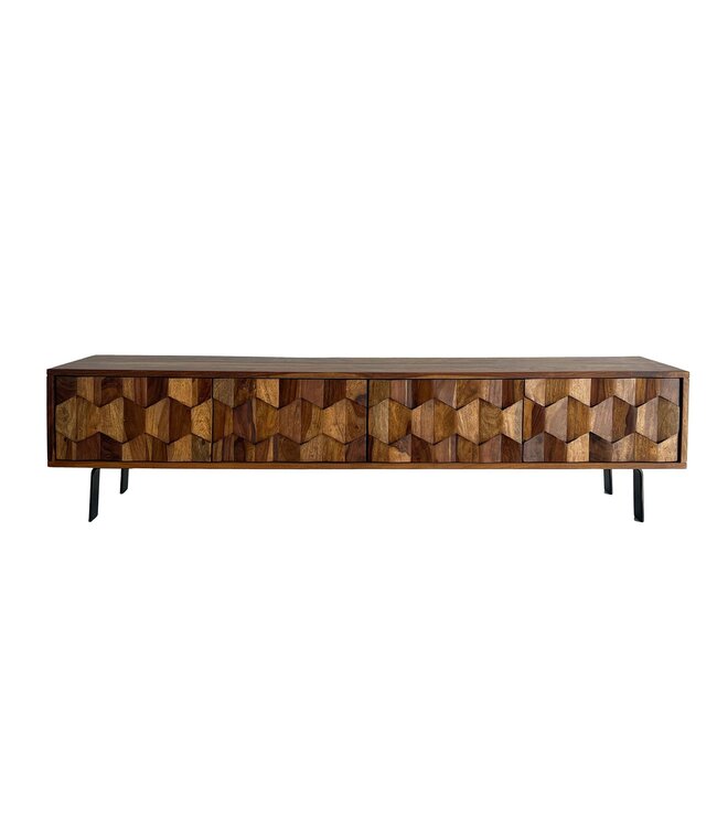 Wohnling Lowboard Sheesham Massief Hout 160 cm, TV-meubel met 3D Fronten, 4 Deurtjes, Kabeldoorvoer & Zwarte Metalen Poten, Design TV-meubel voor Woonkamer