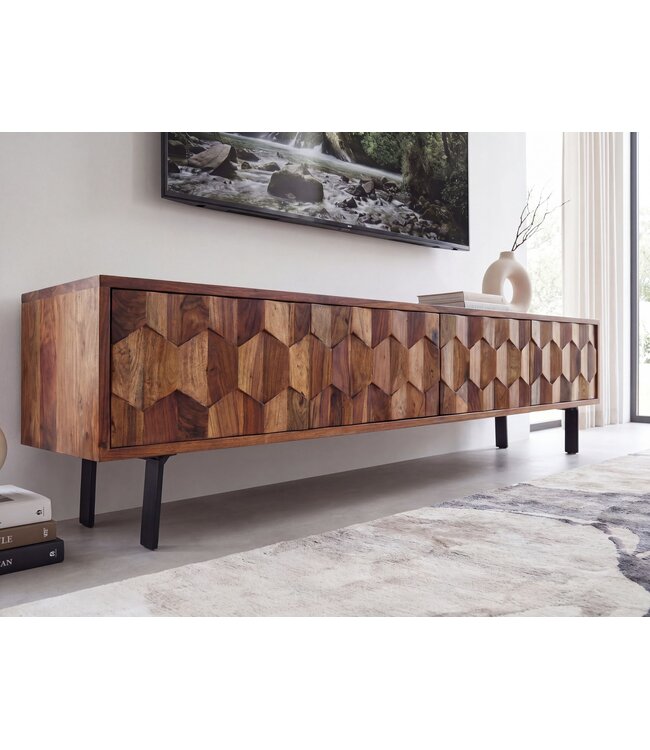 Wohnling Lowboard Sheesham Massief Hout 160 cm, TV-meubel met 3D Fronten, 4 Deurtjes, Kabeldoorvoer & Zwarte Metalen Poten, Design TV-meubel voor Woonkamer