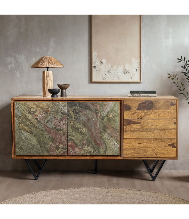 Wohnling Dressoir Sheesham massief hout 150x40x55 cm, ladekast met 2 deuren en 3 laden, opbergdressoir met fronten in 3D-steenlook, designmeubel voor de woonkamer en eetkamer