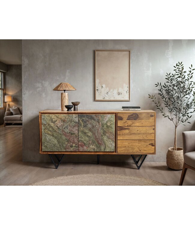 Wohnling Dressoir Sheesham massief hout 150x40x55 cm, ladekast met 2 deuren en 3 laden, opbergdressoir met fronten in 3D-steenlook, designmeubel voor de woonkamer en eetkamer