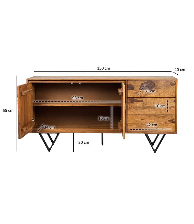 Wohnling Dressoir Sheesham massief hout 150x40x55 cm, ladekast met 2 deuren en 3 laden, opbergdressoir met fronten in 3D-steenlook, designmeubel voor de woonkamer en eetkamer