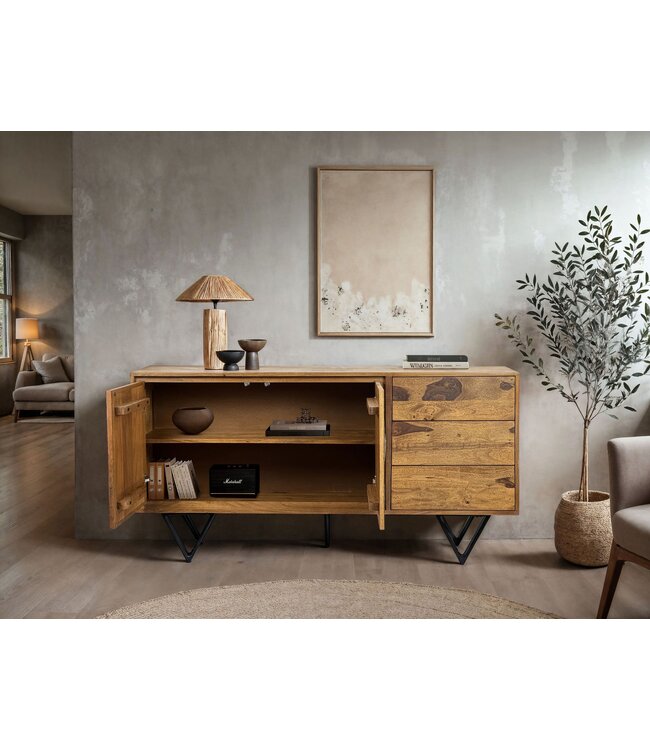 Wohnling Dressoir Sheesham massief hout 150x40x55 cm, ladekast met 2 deuren en 3 laden, opbergdressoir met fronten in 3D-steenlook, designmeubel voor de woonkamer en eetkamer