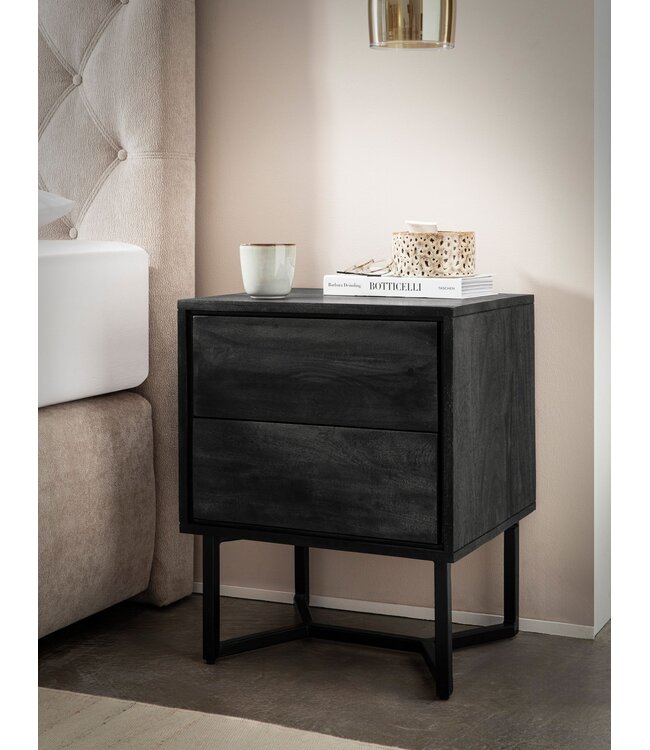 Wohnling nachtkastje acacia massief hout 45x40x57 cm nachtkastje boxspringbed, nachtkastje zwart modern met 2 lades, nachtkastje opbergruimte & metalen frame