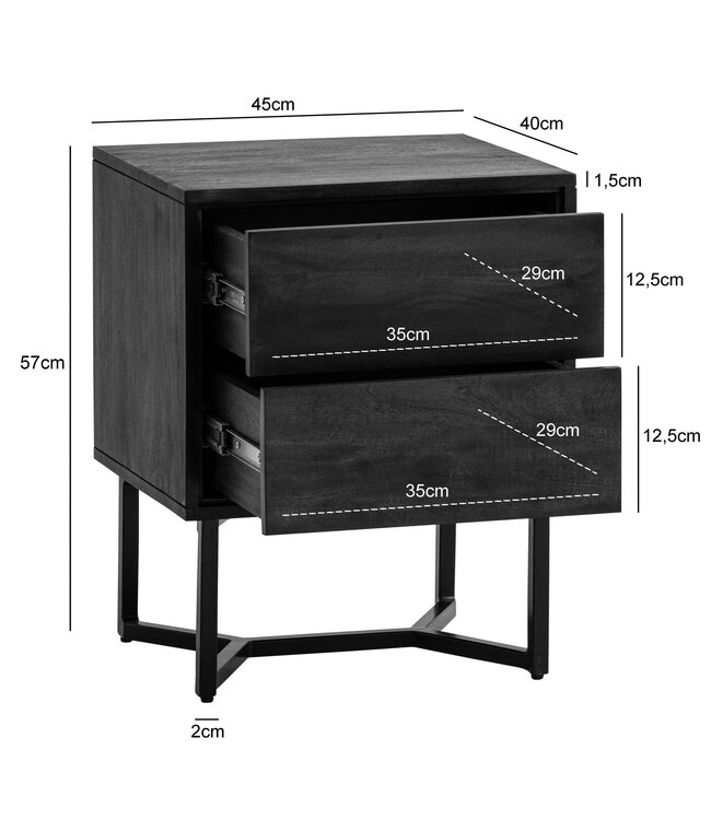 Wohnling nachtkastje acacia massief hout 45x40x57 cm nachtkastje boxspringbed, nachtkastje zwart modern met 2 lades, nachtkastje opbergruimte & metalen frame