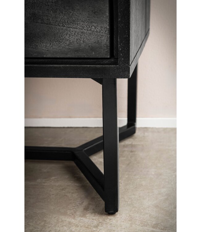 Wohnling nachtkastje acacia massief hout 45x40x57 cm nachtkastje boxspringbed, nachtkastje zwart modern met 2 lades, nachtkastje opbergruimte & metalen frame