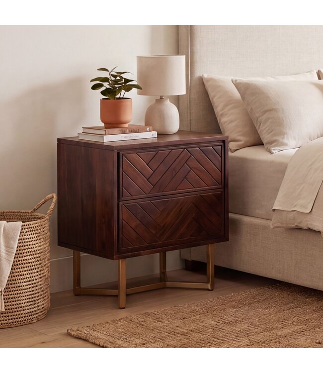 Wohnling nachtkastje acacia massief hout 45x40x57 cm nachtkastje boxspringbed, nachtkastje bruin modern met 2 lades, nachtkastje visgraatmotief opbergruimte & metalen frame