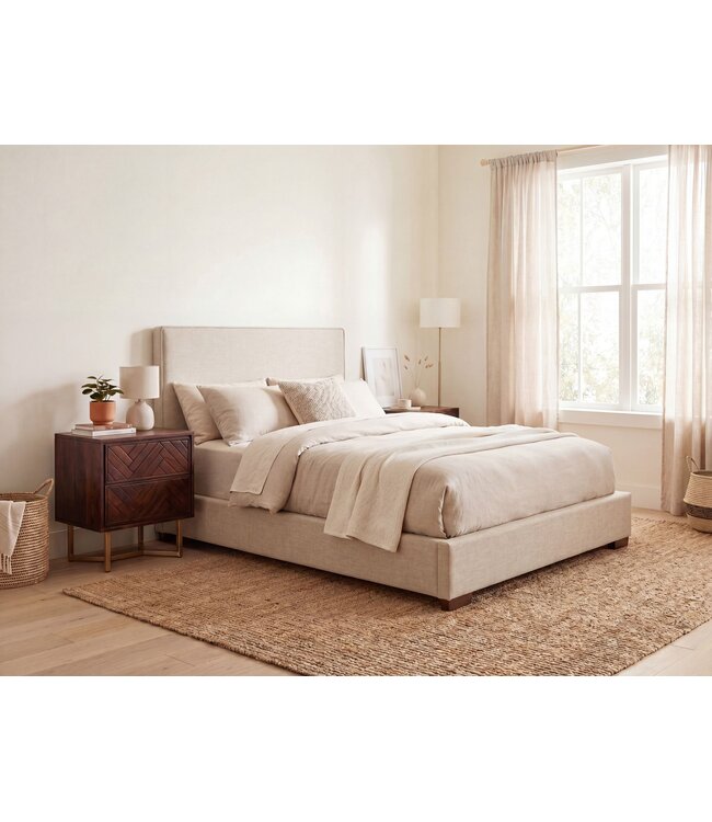 Wohnling nachtkastje acacia massief hout 45x40x57 cm nachtkastje boxspringbed, nachtkastje bruin modern met 2 lades, nachtkastje visgraatmotief opbergruimte & metalen frame