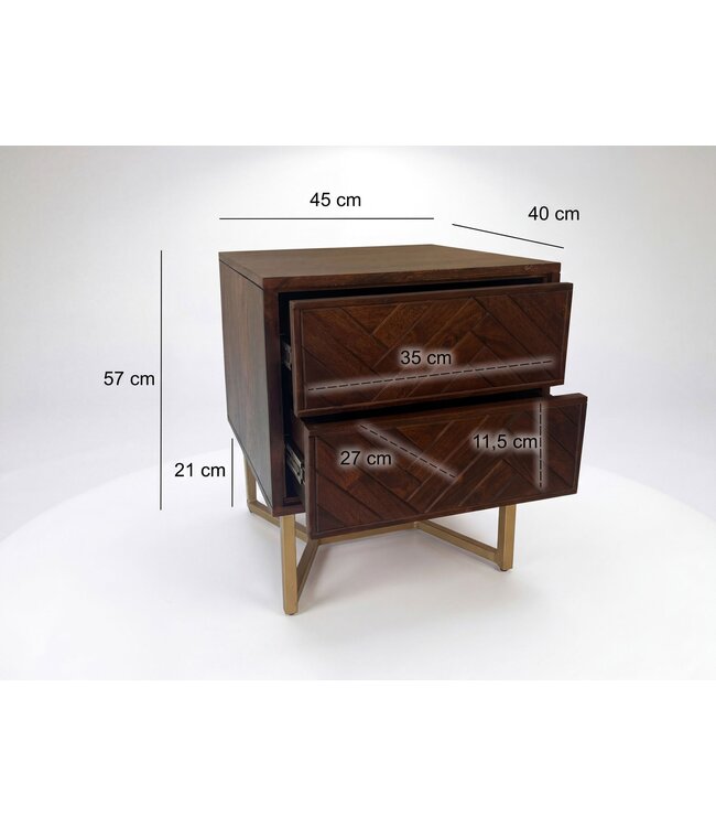 Wohnling nachtkastje acacia massief hout 45x40x57 cm nachtkastje boxspringbed, nachtkastje bruin modern met 2 lades, nachtkastje visgraatmotief opbergruimte & metalen frame