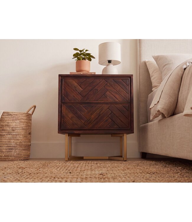 Wohnling nachtkastje acacia massief hout 45x40x57 cm nachtkastje boxspringbed, nachtkastje bruin modern met 2 lades, nachtkastje visgraatmotief opbergruimte & metalen frame
