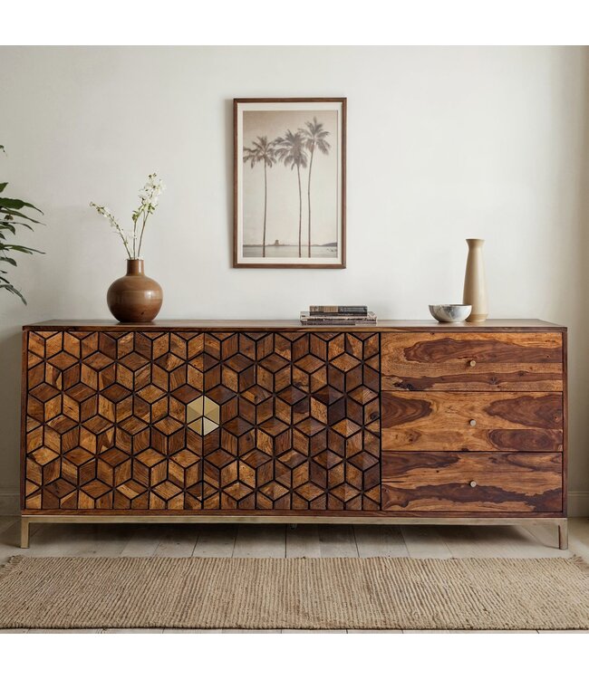 Wohnling Dressoir Sheesham Massief Hout 180 cm, Dressoir met 2 Deuren & 3 Laden, Modern Design met Geometrisch Patroon, Commode Woonkamer Eetkamer, Goudkleurig Metalen Frame
