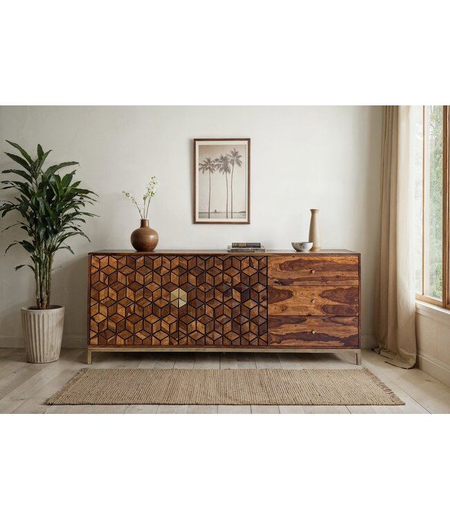 Wohnling Dressoir Sheesham Massief Hout 180 cm, Dressoir met 2 Deuren & 3 Laden, Modern Design met Geometrisch Patroon, Commode Woonkamer Eetkamer, Goudkleurig Metalen Frame
