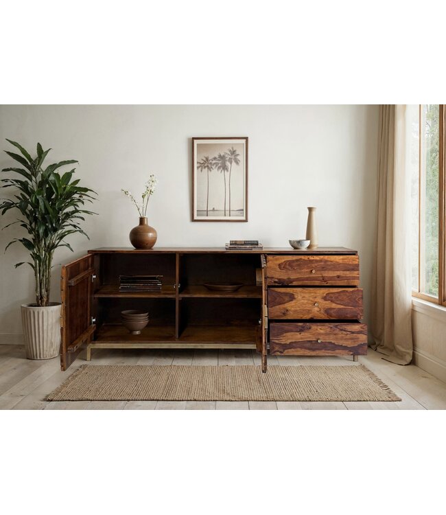 Wohnling Dressoir Sheesham Massief Hout 180 cm, Dressoir met 2 Deuren & 3 Laden, Modern Design met Geometrisch Patroon, Commode Woonkamer Eetkamer, Goudkleurig Metalen Frame