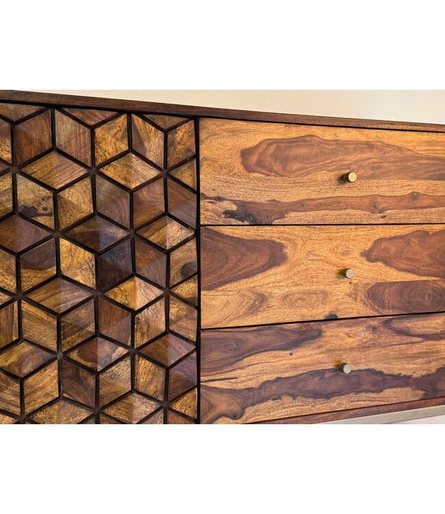 Wohnling Dressoir Sheesham Massief Hout 180 cm, Dressoir met 2 Deuren & 3 Laden, Modern Design met Geometrisch Patroon, Commode Woonkamer Eetkamer, Goudkleurig Metalen Frame