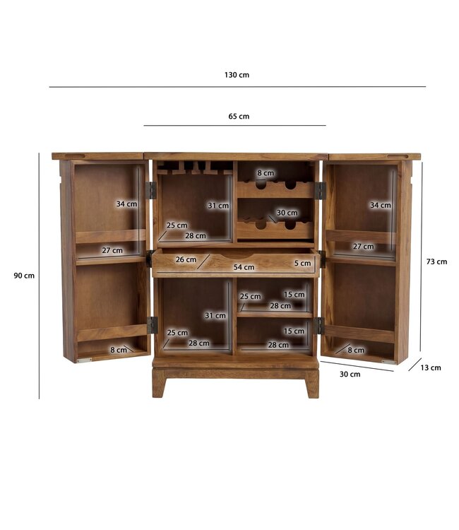 Wohnling Huisbar Sheesham Massief Hout - Barkast 65 cm - Opklapbare Barmobel - Wijnkast met Glashouder - Barkast Woonkamer - Houten Bar Vintage Handgemaakt