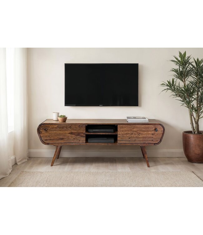 Wohnling Lowboard Sheesham Massief Hout 160 cm, TV-meubel met 2 Laden & Open Vakken, Retro TV-meubel Hout, Woonkamermeubel Scandinavisch Vintage Design, Massief TV-meubel