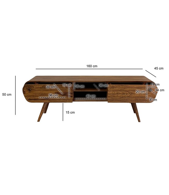 Wohnling Lowboard Sheesham Massief Hout 160 cm, TV-meubel met 2 Laden & Open Vakken, Retro TV-meubel Hout, Woonkamermeubel Scandinavisch Vintage Design, Massief TV-meubel