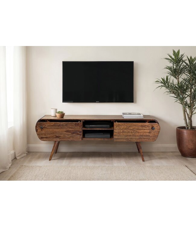Wohnling Lowboard Sheesham Massief Hout 160 cm, TV-meubel met 2 Laden & Open Vakken, Retro TV-meubel Hout, Woonkamermeubel Scandinavisch Vintage Design, Massief TV-meubel