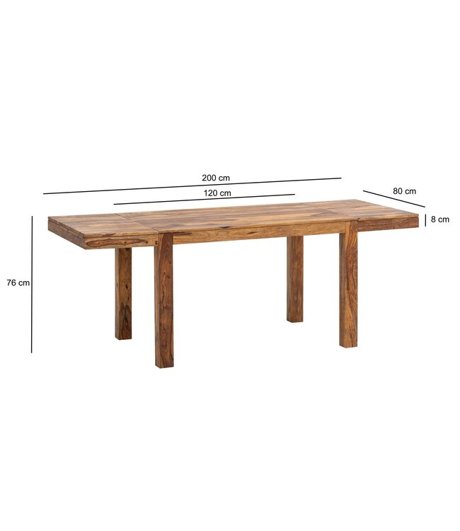Wohnling Eetkamertafel 120x80x76 cm Sheesham massief hout Tijdloos, keukentafel uitschuifbaar tot 200 cm, eettafel groot rechthoekig eenvoudig, houten tafel eetkamer uitschuifbaar