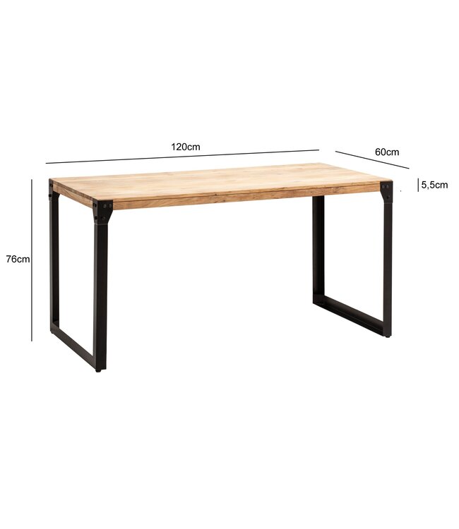 Wohnling Eetkamertafel 120x60x76 cm acacia massief hout metalen eettafel industrieel, keukentafel met metalen poten, kleine houten tafel, eettafel eetkamer rechthoekig