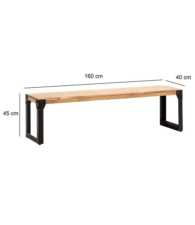 Wohnling eetkamerbank 160x40x45 cm acacia massief hout metaal industrieel, eettafelbank massief houten bank zonder rugleuning, keukenbank eetbank modern, eetkamerbank groot