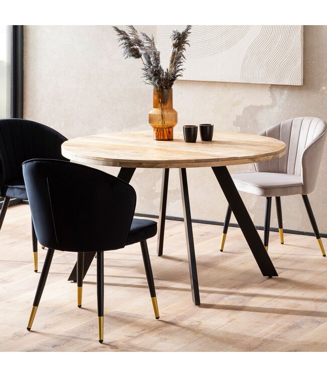 Wohnling Eetkamertafel 120x120x76 cm Mango massief houten eettafel Moderne, massieve keukentafel met metalen poten, houten tafel Eetkamer rond, kleine eettafel hout