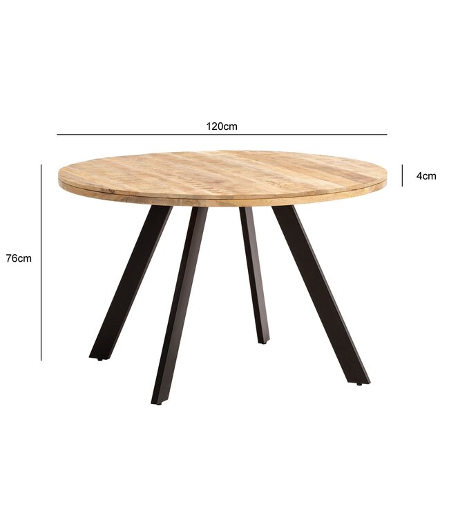 Wohnling Eetkamertafel 120x120x76 cm Mango massief houten eettafel Moderne, massieve keukentafel met metalen poten, houten tafel Eetkamer rond, kleine eettafel hout