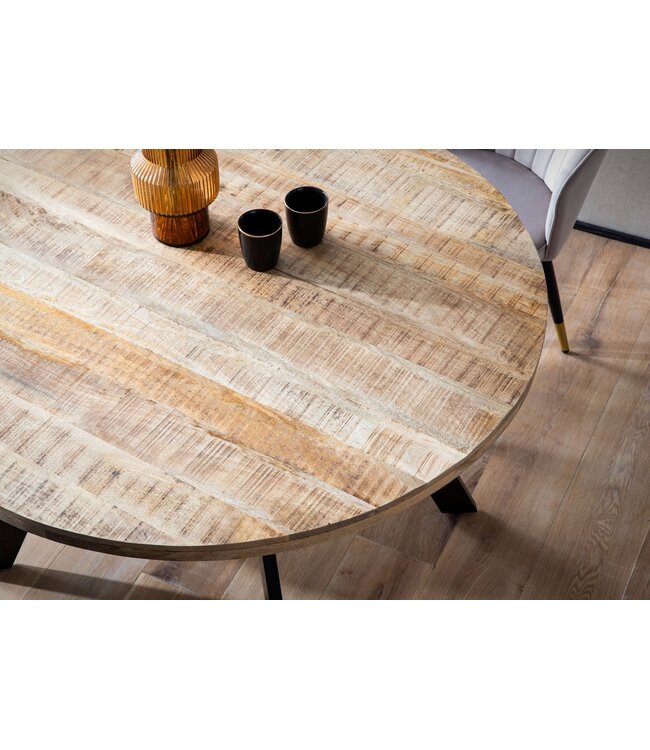 Wohnling Eetkamertafel 120x120x76 cm Mango massief houten eettafel Moderne, massieve keukentafel met metalen poten, houten tafel Eetkamer rond, kleine eettafel hout