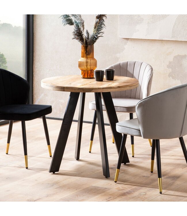 Wohnling Eetkamertafel 80x80x75 cm mango massief houten eettafel moderne, massieve keukentafel met metalen poten, houten tafel eetkamer rond, kleine eettafel hout