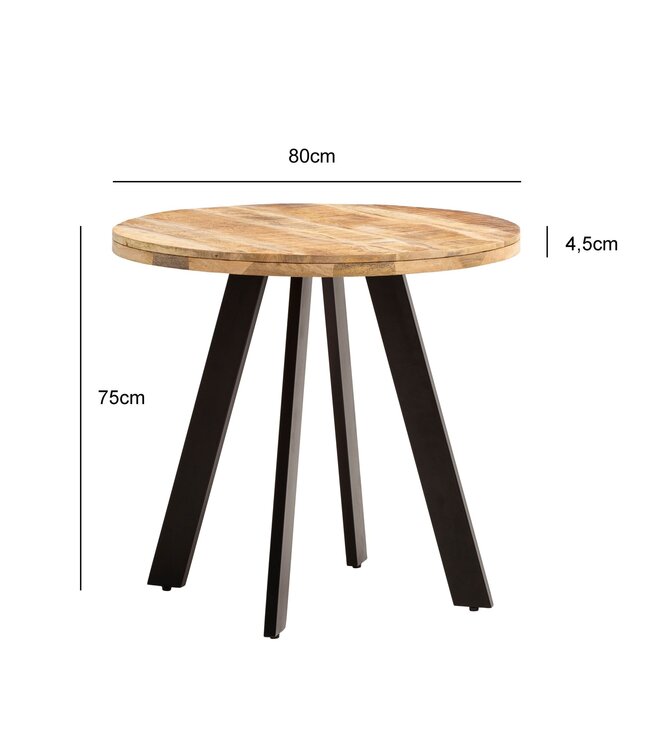 Wohnling Eetkamertafel 80x80x75 cm mango massief houten eettafel moderne, massieve keukentafel met metalen poten, houten tafel eetkamer rond, kleine eettafel hout