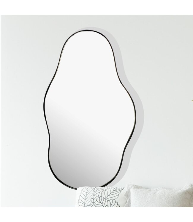 Wohnling wandspiegel asymmetrisch 40x80 cm metalen design hangende spiegel zwart, ijzeren decoratieve spiegel vormloos met frame, grote wandspiegel, gangspiegel garderobespiegel modern