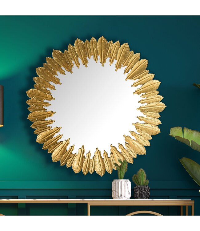 Wohnling wandspiegel veren 68 cm metalen design hangende spiegel goud, ijzeren decoratieve spiegel rond, grote wandspiegel, gangspiegel garderobespiegel modern
