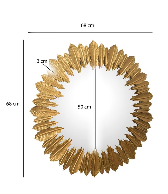 Wohnling wandspiegel veren 68 cm metalen design hangende spiegel goud, ijzeren decoratieve spiegel rond, grote wandspiegel, gangspiegel garderobespiegel modern