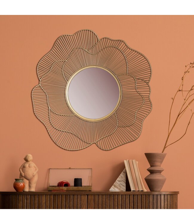 Wohnling wandspiegel roze 77 cm metaal design hangspiegel goud, ijzeren decoratieve spiegel rond, spiegelwand grote bloemvorm, gangspiegel garderobespiegel modern