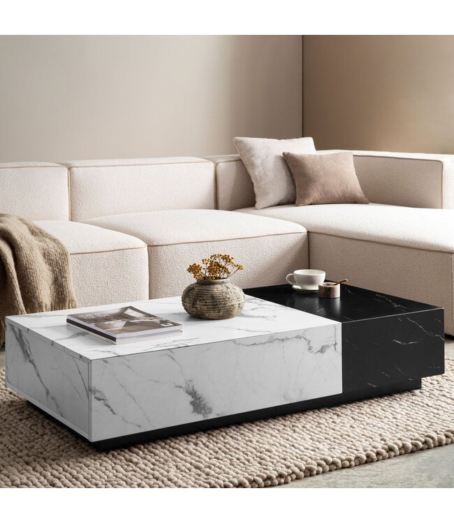 Wohnling Salontafel 120x60x28 cm Wit Zwart Salontafel in Marmerlook Modern, Woonkamertafel Laag Rechthoekig met Laden, Lounge Salontafel Opbergruimte, Salontafel Groot