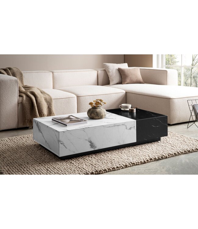 Wohnling Salontafel 120x60x28 cm Wit Zwart Salontafel in Marmerlook Modern, Woonkamertafel Laag Rechthoekig met Laden, Lounge Salontafel Opbergruimte, Salontafel Groot