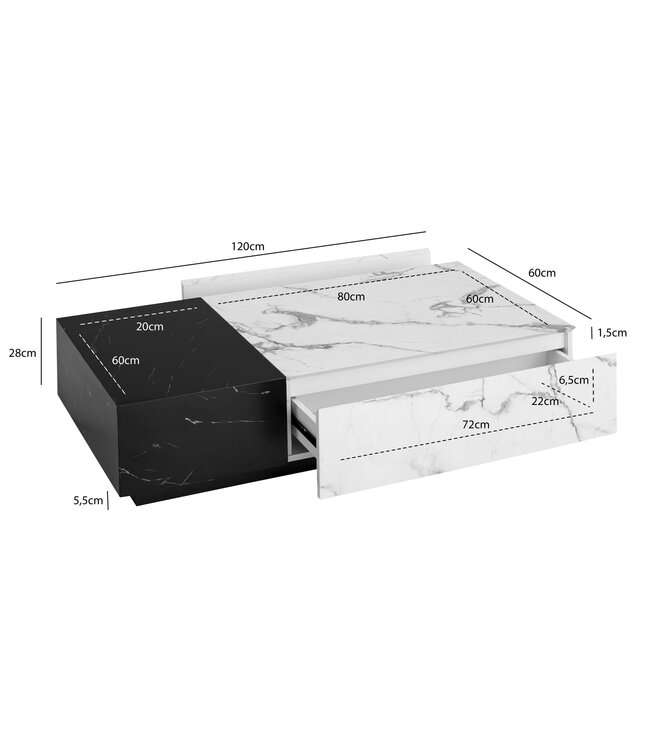 Wohnling Salontafel 120x60x28 cm Wit Zwart Salontafel in Marmerlook Modern, Woonkamertafel Laag Rechthoekig met Laden, Lounge Salontafel Opbergruimte, Salontafel Groot