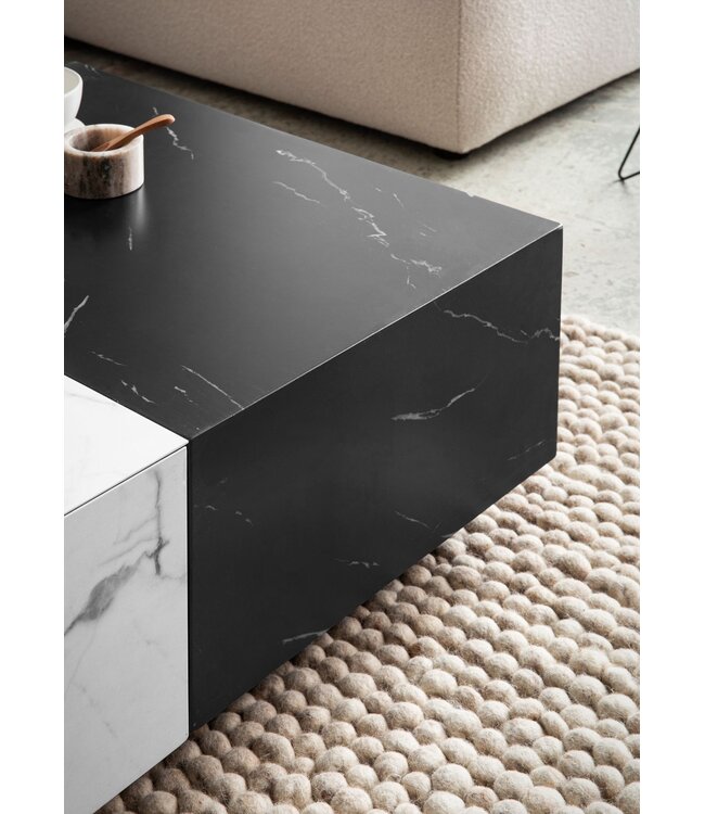 Wohnling Salontafel 120x60x28 cm Wit Zwart Salontafel in Marmerlook Modern, Woonkamertafel Laag Rechthoekig met Laden, Lounge Salontafel Opbergruimte, Salontafel Groot