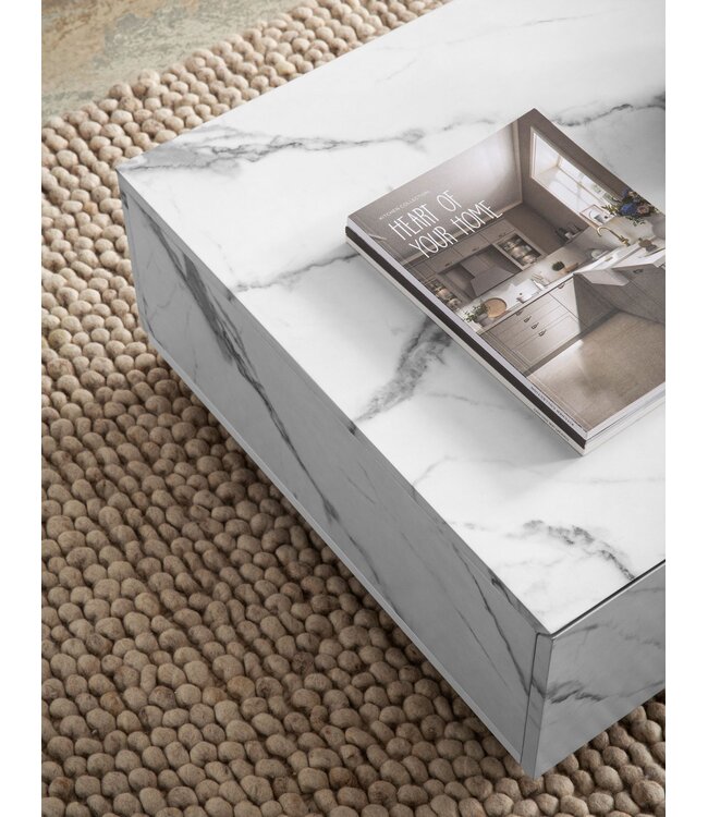 Wohnling Salontafel 120x60x28 cm Wit Zwart Salontafel in Marmerlook Modern, Woonkamertafel Laag Rechthoekig met Laden, Lounge Salontafel Opbergruimte, Salontafel Groot
