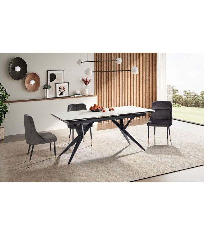 Wohnling eetkamertafel 180 - 260 cm uitschuifbaar keramiek glas wit, keramische tafel marmerlook groot, design keukentafel rechthoekig, eettafel extravagant met metalen poten