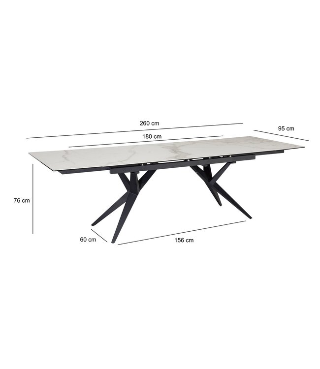 Wohnling eetkamertafel 180 - 260 cm uitschuifbaar keramiek glas wit, keramische tafel marmerlook groot, design keukentafel rechthoekig, eettafel extravagant met metalen poten