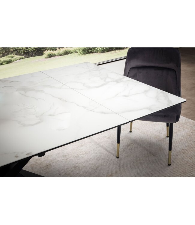 Wohnling eetkamertafel 180 - 260 cm uitschuifbaar keramiek glas wit, keramische tafel marmerlook groot, design keukentafel rechthoekig, eettafel extravagant met metalen poten