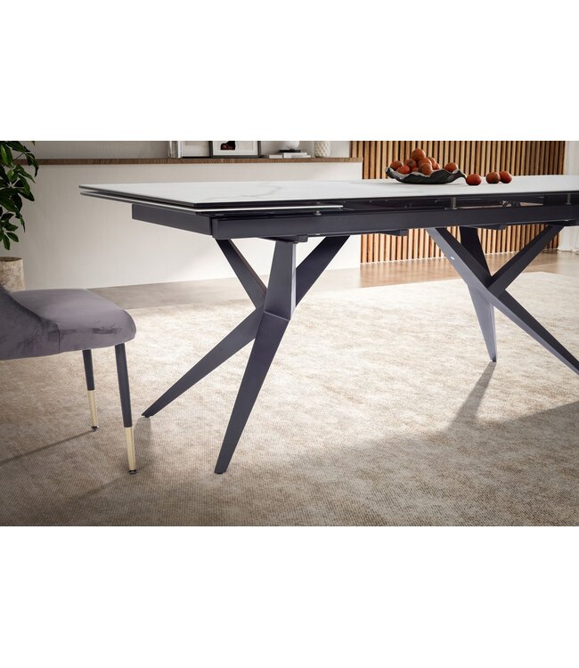 Wohnling eetkamertafel 180 - 260 cm uitschuifbaar keramiek glas wit, keramische tafel marmerlook groot, design keukentafel rechthoekig, eettafel extravagant met metalen poten