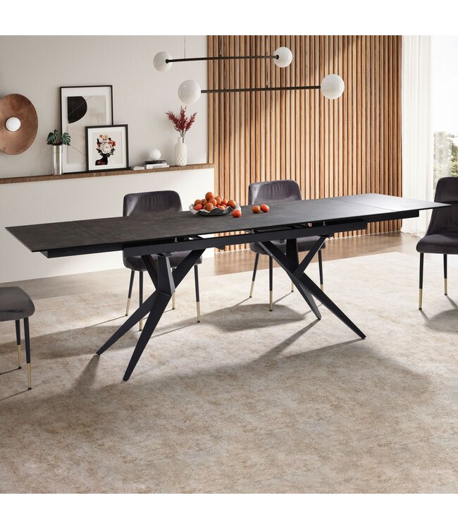 Wohnling eetkamertafel 180 - 260 cm uitschuifbaar keramiek glas zwart, keramische tafel groot, design keukentafel rechthoekig, eettafel extravagant met metalen poten