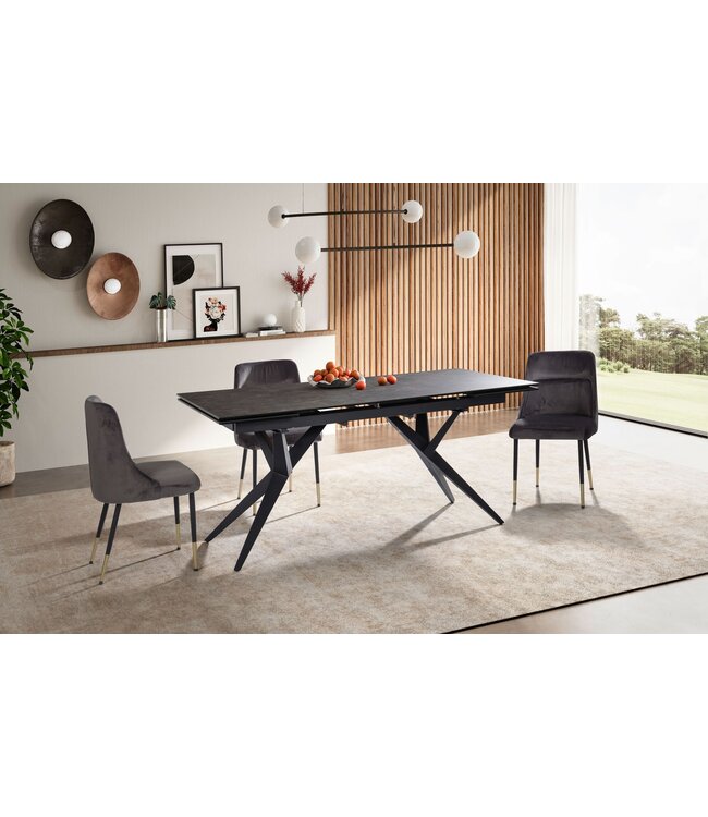 Wohnling eetkamertafel 180 - 260 cm uitschuifbaar keramiek glas zwart, keramische tafel groot, design keukentafel rechthoekig, eettafel extravagant met metalen poten