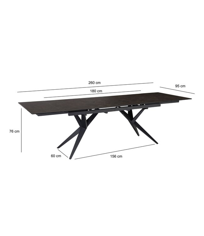 Wohnling eetkamertafel 180 - 260 cm uitschuifbaar keramiek glas zwart, keramische tafel groot, design keukentafel rechthoekig, eettafel extravagant met metalen poten