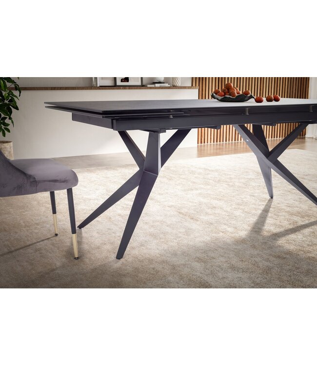 Wohnling eetkamertafel 180 - 260 cm uitschuifbaar keramiek glas zwart, keramische tafel groot, design keukentafel rechthoekig, eettafel extravagant met metalen poten
