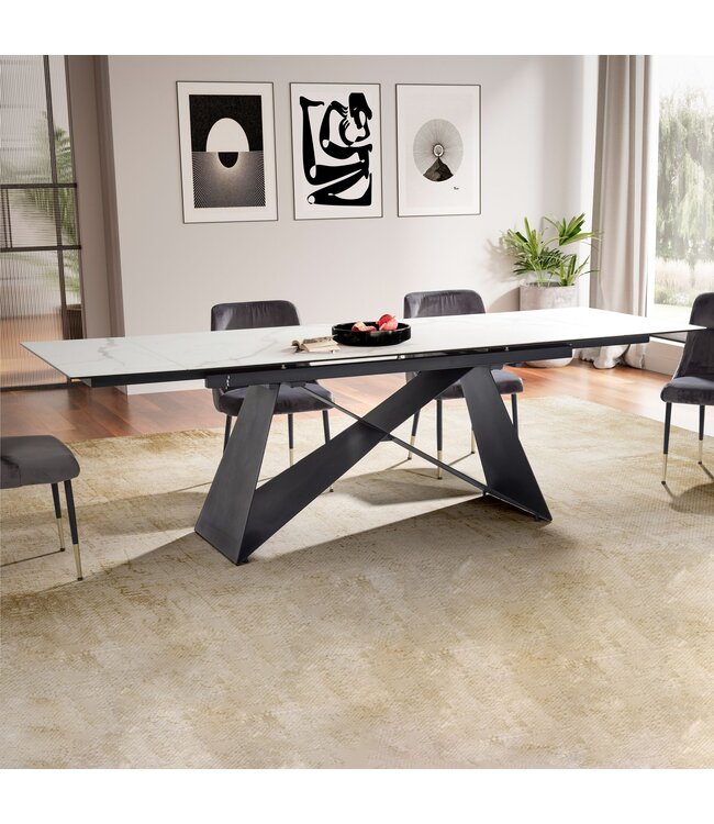 Wohnling eetkamertafel 180 - 260 cm uitschuifbaar keramiek glas wit, keramische tafel marmerlook groot, designkeukentafel rechthoekig, eettafel extravagant met metalen poten