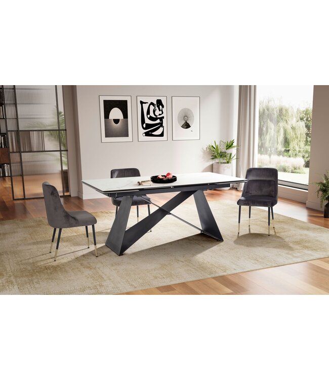 Wohnling eetkamertafel 180 - 260 cm uitschuifbaar keramiek glas wit, keramische tafel marmerlook groot, designkeukentafel rechthoekig, eettafel extravagant met metalen poten