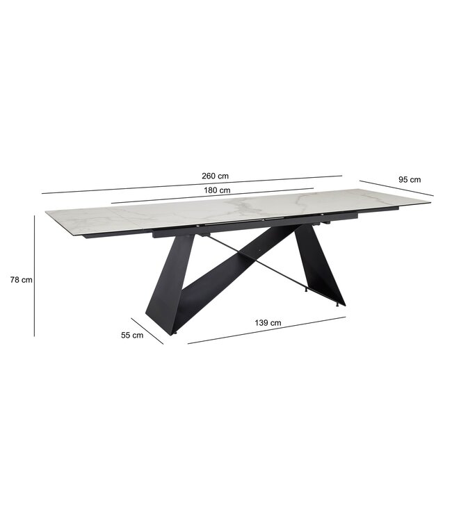 Wohnling eetkamertafel 180 - 260 cm uitschuifbaar keramiek glas wit, keramische tafel marmerlook groot, designkeukentafel rechthoekig, eettafel extravagant met metalen poten