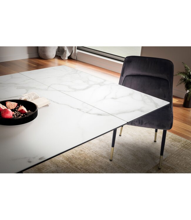 Wohnling eetkamertafel 180 - 260 cm uitschuifbaar keramiek glas wit, keramische tafel marmerlook groot, designkeukentafel rechthoekig, eettafel extravagant met metalen poten